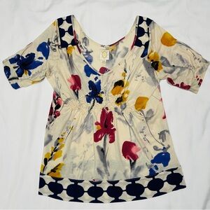 Anthropologie Cream Floral Blouse with Navy Accents